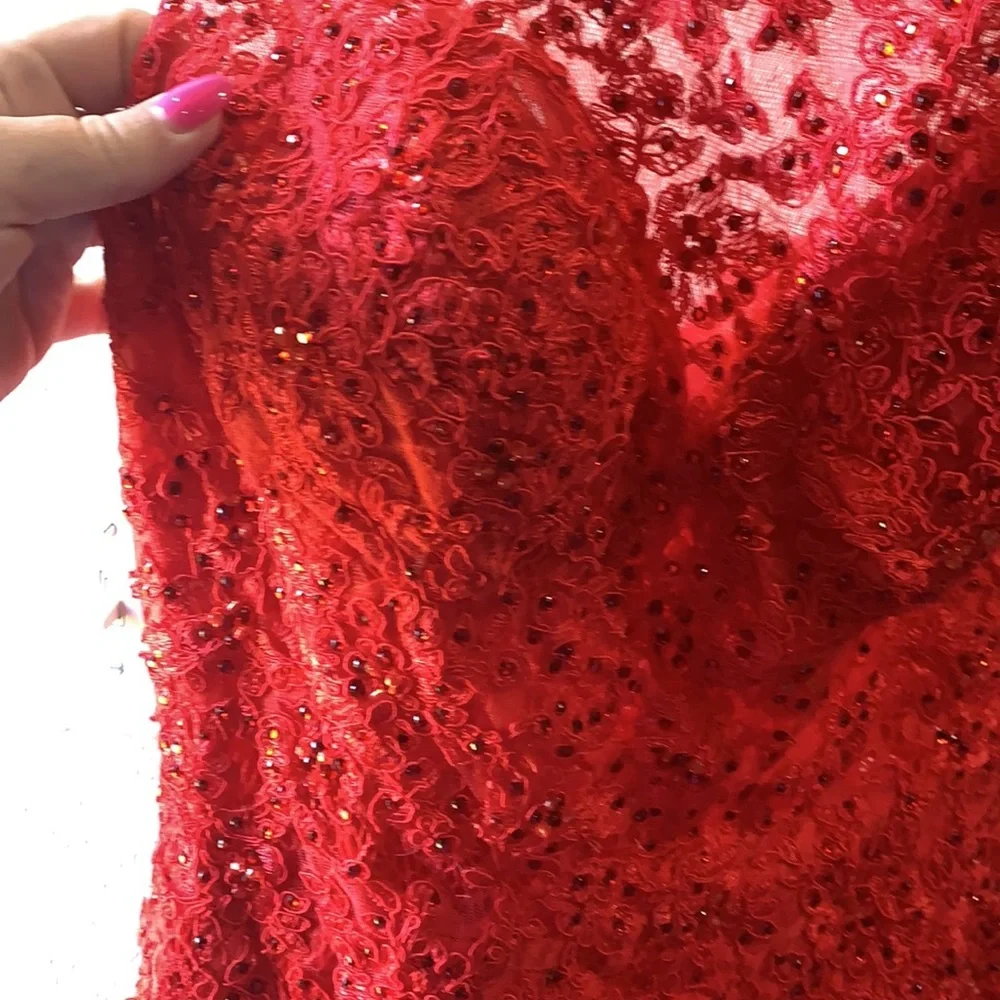 Mori Lee red rhinestone lace cocktail one shoulder dress. Size 3/4 - Picture 10 of 10